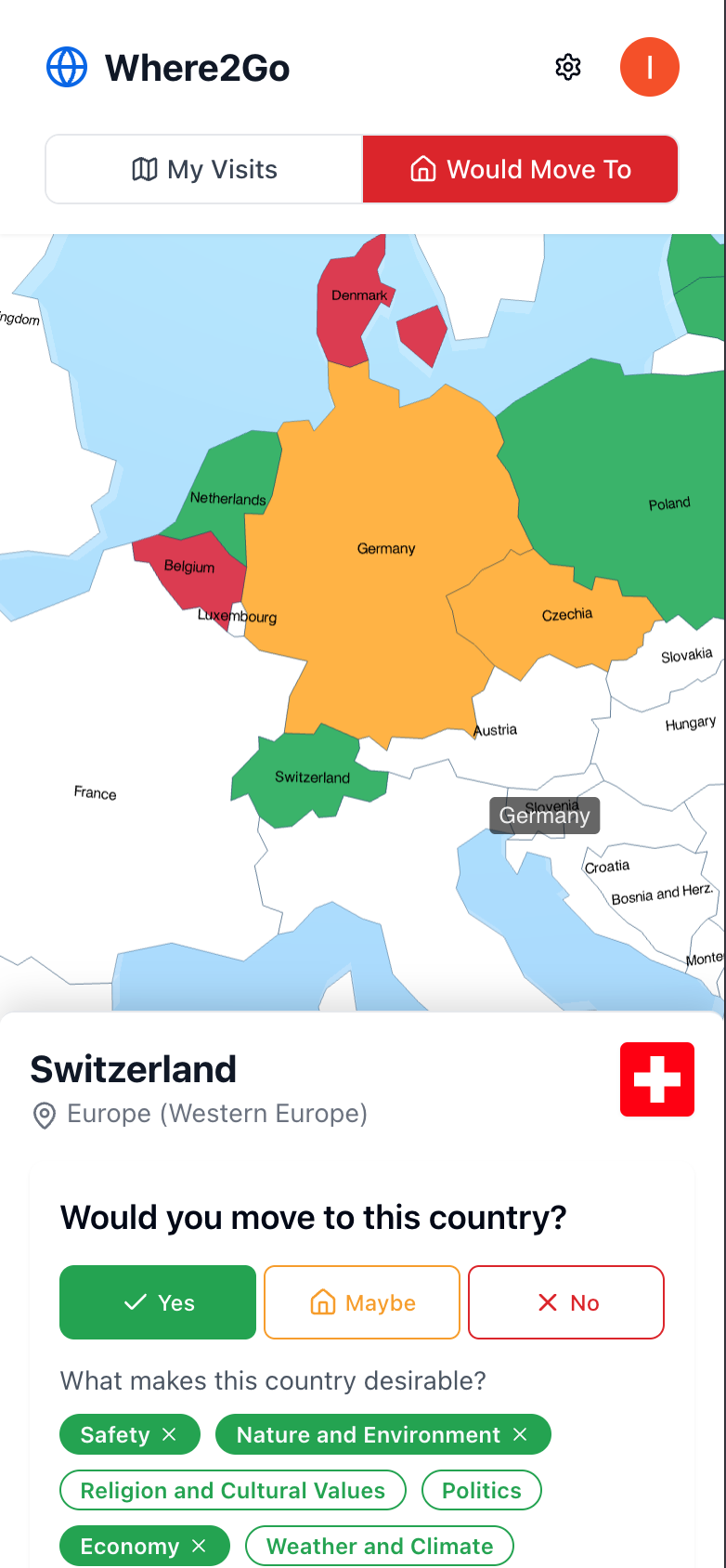 Where2Go mobile app showing an interactive map with color-coded countries